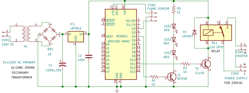 Circuit Diagram for Arduino based Flame-Sensing Fire Alarm